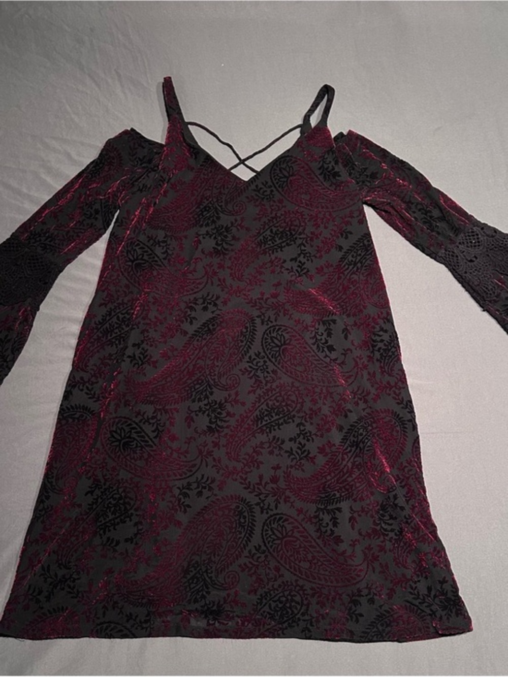 Mystree Black & Red Velour Cold Shoulder Dress with Back Criss Cross Detail